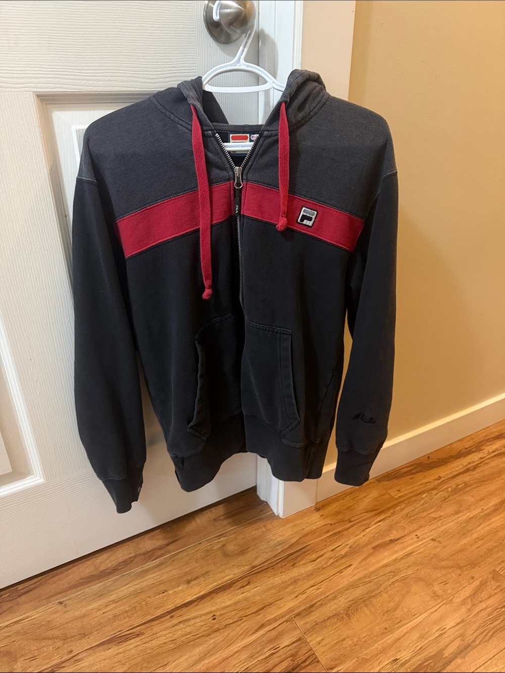 Fila Men's Black Zip-Up Hoodie with Red Chest Stripe